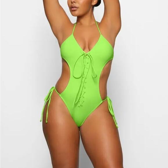 SKIMS Other - Skims Swimsuit Plus 4X Recycled Swim Lace Up Monokini Halter Neon Green NWT